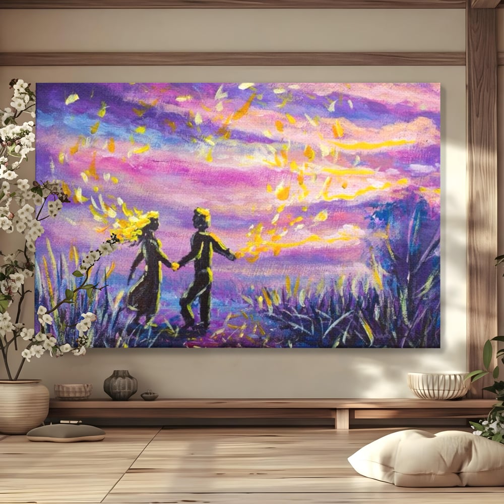 Tablou canvas cu tablou canvas cuplu sub cer lila, fara rama, pe sasiu de lemn